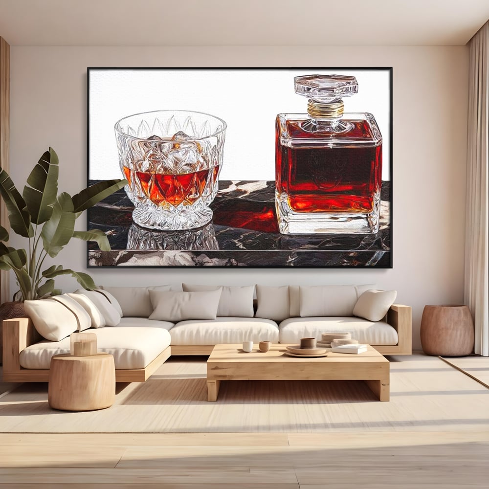 Tablou canvas cu tablou canvas cu pahar de whisky si carafa, in rama de aluminiu negru, pe perete intr-un living